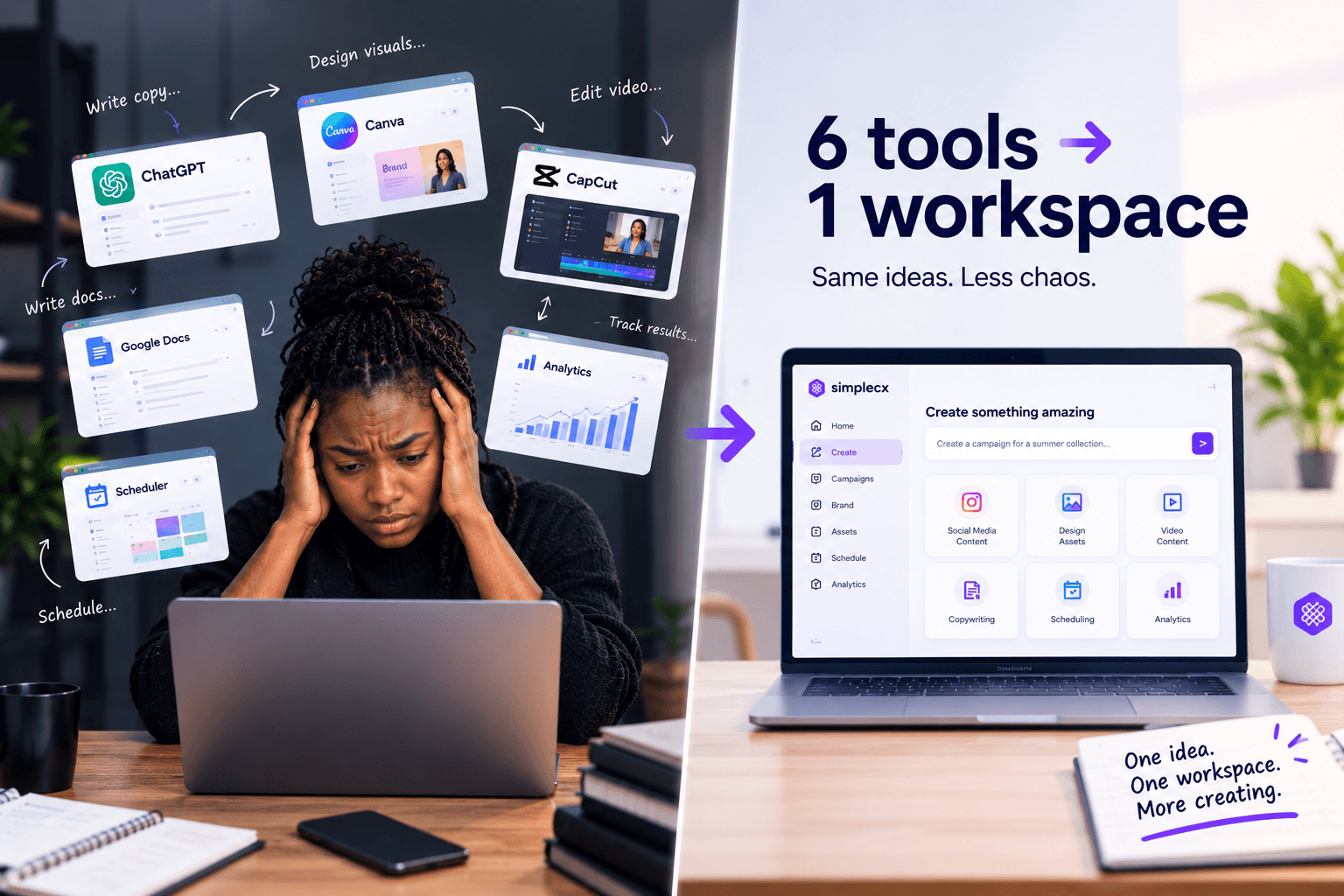 Comparison between using six separate marketing tools and managing everything in one simplecx workspace