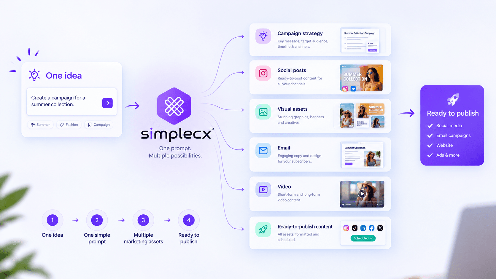 One idea transformed by simplecx into campaign strategy, social posts, visual assets, email, video, and ready-to-publish content