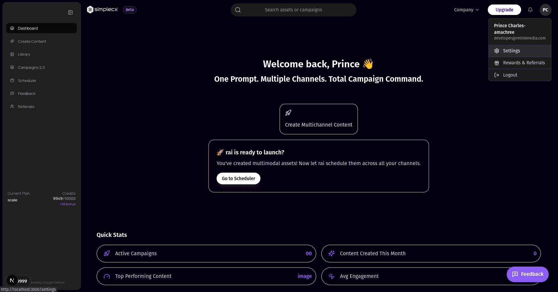 Dashboard Settings Menu